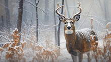 Closeup Of A Male White Tail Deer In The Snow