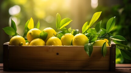 Wall Mural - Close up organic lemons in a wooden container. Summer bright background.