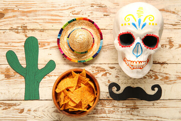 Sticker - Composition with Mexican symbols and nachos for Independence Day on light wooden background