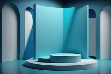 Poster - Abstract blue room with round podium and arch
