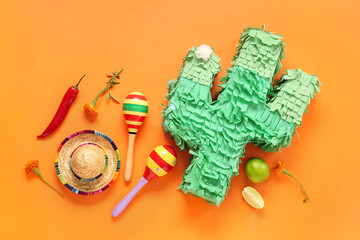 Sticker - Composition with Mexican symbols and food for Independence Day on orange background