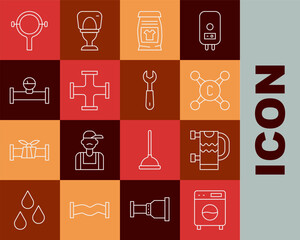 Poster - Set line Washer, Heated towel rail, Water tap, Laundry detergent, Industry metallic pipe, and manometer, Filter wrench and Wrench spanner icon. Vector