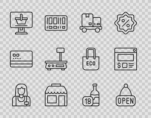 Sticker - Set line Seller, Hanging sign with Open, Hand truck and boxes, Market store, Shopping cart on computer, Electronic scales, Wine bottle and Online ordering delivery icon. Vector