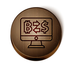 Poster - Brown line Cryptocurrency exchange icon isolated on white background. Bitcoin to dollar exchange icon. Cryptocurrency technology, mobile banking. Wooden circle button. Vector