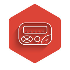 Poster - White line Pager icon isolated with long shadow. Vintage 1990s electronics messenger. Red hexagon button. Vector