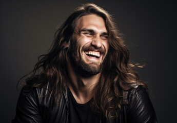 Man smiling with long brown hair standing in front of a black backdrop