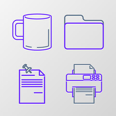 Poster - Set line Printer, Note paper with pinned pushbutton, Document folder and Coffee cup flat icon. Vector