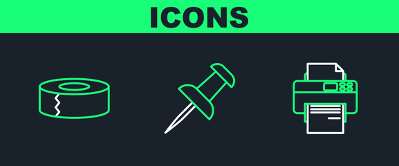 Poster - Set line Printer, Scotch and Push pin icon. Vector
