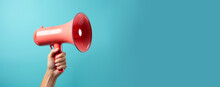 Important Announcement News, Significant Messages Or Sale Discount Concept. Pink Megaphone Loudspeaker In Afro American Hand On Blue Studio Background. Empty Space Place For Text, Copy Paste