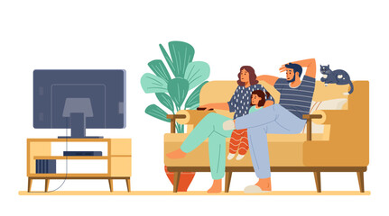 Wall Mural - Family with a cat watching TV together sitting on the couch flat vector illustration. Parents with little daughter watching video.