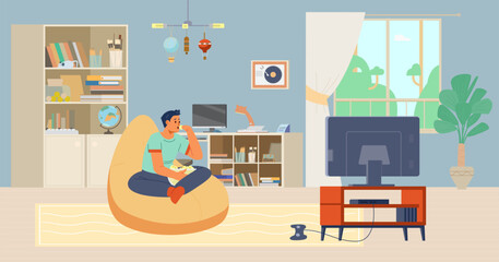 Wall Mural - Teenage boy watching TV at home in his room flat vector illustration. Boy sitting on the bean bag chair eating pop corn.