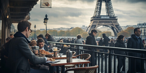 Wall Mural - French café culture, outdoor Parisian café, people sipping coffee and reading newspapers, Eiffel Tower faint in background, Sony A9, FE 24 - 70mm, f/ 2. 8, overcast sky, diffused light