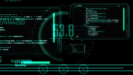 digital modern animation with programming coding software language in computer windows with data infographic on black background