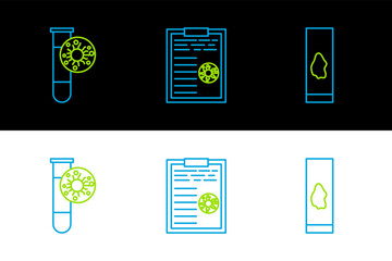 Wall Mural - Set line Blood test and virus, Test tube with and Clipboard blood results icon. Vector