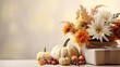 © lililia - a Thanksgiving-themed background in soft, light colors, adorned with elements like pumpkins, autumn leaves, and candles. The scene conveys the peaceful ambiance of a holiday gathering.