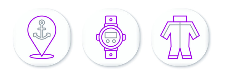 Sticker - Set line Wetsuit, Location with anchor and Diving watch icon. Vector