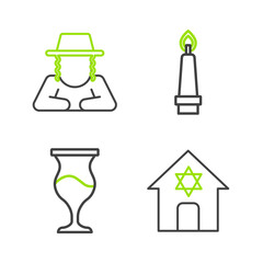 Sticker - Set line Jewish synagogue, goblet, Burning candle and Orthodox jewish hat icon. Vector