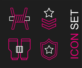 Sticker - Set line Military reward medal, Binoculars, rank and Barbed wire icon. Vector