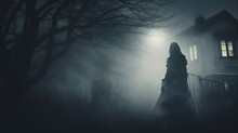 Frightening Ghost In A Cloak With A Hood Against The Backdrop Of A Lonely Ruined House In The Fog. Abandoned Haunted House Scene As Concept For Spooky Halloween. Illustration For Design.