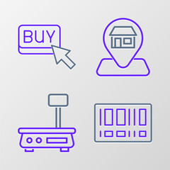 Poster - Set line Barcode, Electronic scales, Location Market store and Buy button icon. Vector