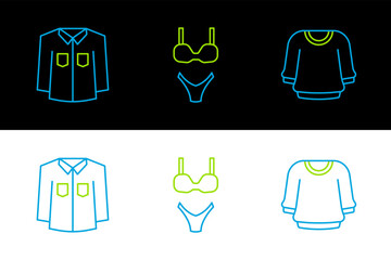 Sticker - Set line Sweater, Shirt and Swimsuit icon. Vector