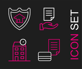 Sticker - Set line Credit card, House, contract and with shield icon. Vector