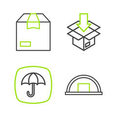 Poster - Set line Warehouse, Delivery package with umbrella, Carton cardboard box and icon. Vector