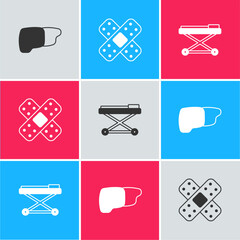 Sticker - Set Human organ liver, Crossed bandage plaster and Stretcher icon. Vector