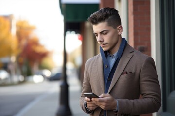 Wall Mural - a handsome young man texting on his cellphone while standing outside