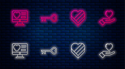 Poster - Set line Key in heart shape, Candy shaped box, Dating app online and Heart hand. Glowing neon icon on brick wall. Vector