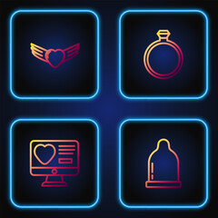 Sticker - Set line Condom, Dating app online, Heart with wings and Diamond engagement ring. Gradient color icons. Vector