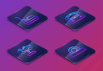 Sticker - Set Isometric line Bumper car, Swing, Jumping trampoline and Ferris wheel. Blue square button. Vector