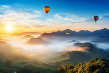 Vibrant Hot Air Balloons Fly Over Mountains In Huai Nam Dang National Park During Sunrise In Chiang Mai, Thailand. Generative AI