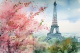 Fototapeta Miasta - Watercolor painting depicting a blossoming tree and Paris landscape, featuring the iconic Eiffel Tower. Generative AI