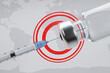 Syringe extracting vaccine from a vial circled by red circles on a white world map. Illustration of the concept of vaccination and pharmaceutical industry