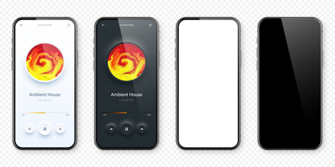 Wall Mural - Online audio player user interface, smartphone app UI design. Music, media streaming and listening platform. Responsive mobile application. Neumorphism, neumorphic style. Vector illustration.