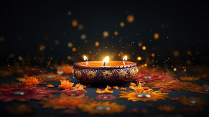 Candle light and bokeh celebrate Indian Holiday Diwali. AI Generative.