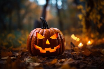 a halloween decorative pumpkin lantern with eyes and mouth at night