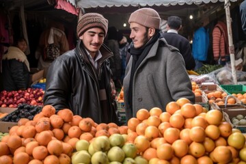 Poster - two friends buying fruit in the market