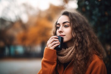 Wall Mural - shot of a young woman drinking coffee outdoors