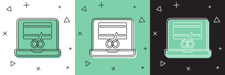 Poster - Set Video recorder or editor software on laptop icon isolated on white and green, black background. Video editing on a laptop. Vector