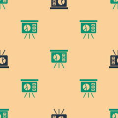 Poster - Green and black Presentation financial business board with graph, schedule, chart, diagram, infographic, pie graph icon isolated seamless pattern on beige background. Vector