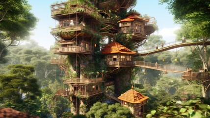 Wall Mural - The complex tree house with multiple floors in tropical jungle. Generative AI image AIG30.