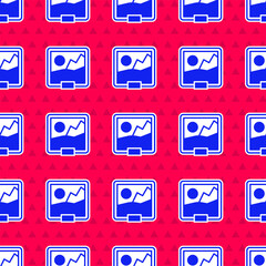 Poster - Blue Picture icon isolated seamless pattern on red background. Vector