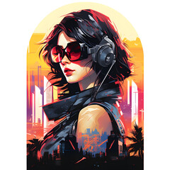 Wall Mural - Cyberpunk girl with headphones in city retro outer space 80s vintage t-shirt design