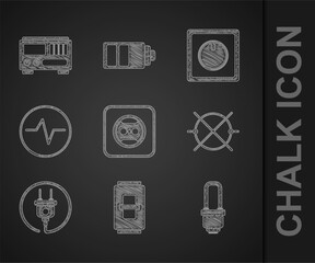 Poster - Set Electrical outlet, light switch, LED bulb, circuit scheme, plug, and measuring instruments icon. Vector