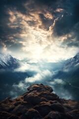 Wall Mural - Background of the top of a mountain with many clouds in the sky and a heavenly light way to salvation cover Generative AI Illustration
