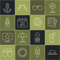 Poster - Set line Man hat with ribbon, Cocktail and alcohol drink, Photo, Glasses, Calendar airplane, Sunscreen spray bottle, Anchor and Globe flying icon. Vector