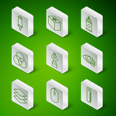 Poster - Set line Ruler, Computer mouse, Marker pen, Fountain nib, RGB and CMYK color mixing, Isometric cube, Layers and Red eye effect icon. Vector