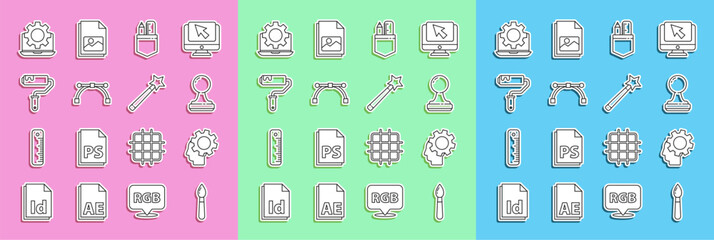 Poster - Set line Paint brush, Human head with gear inside, Stamp, Crossed ruler and pencil, Bezier curve, roller, Laptop and Magic wand icon. Vector